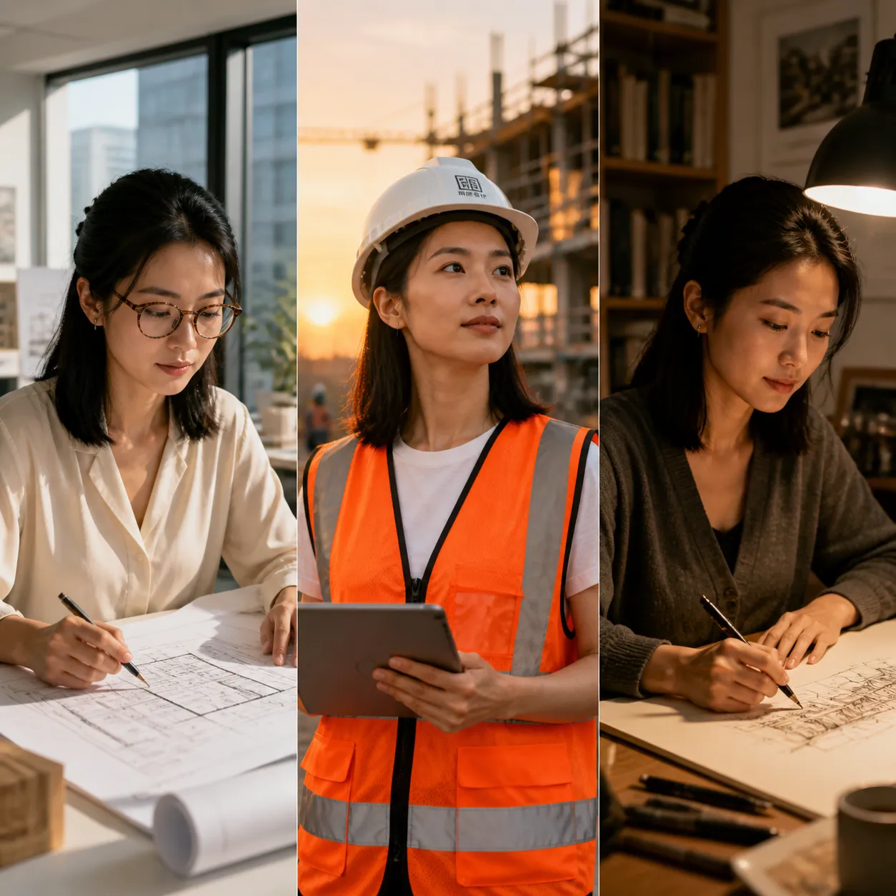 Same Chinese female architect rendered across three scenes (office, construction site, home studio) — GPT Image 2 character lock demo
