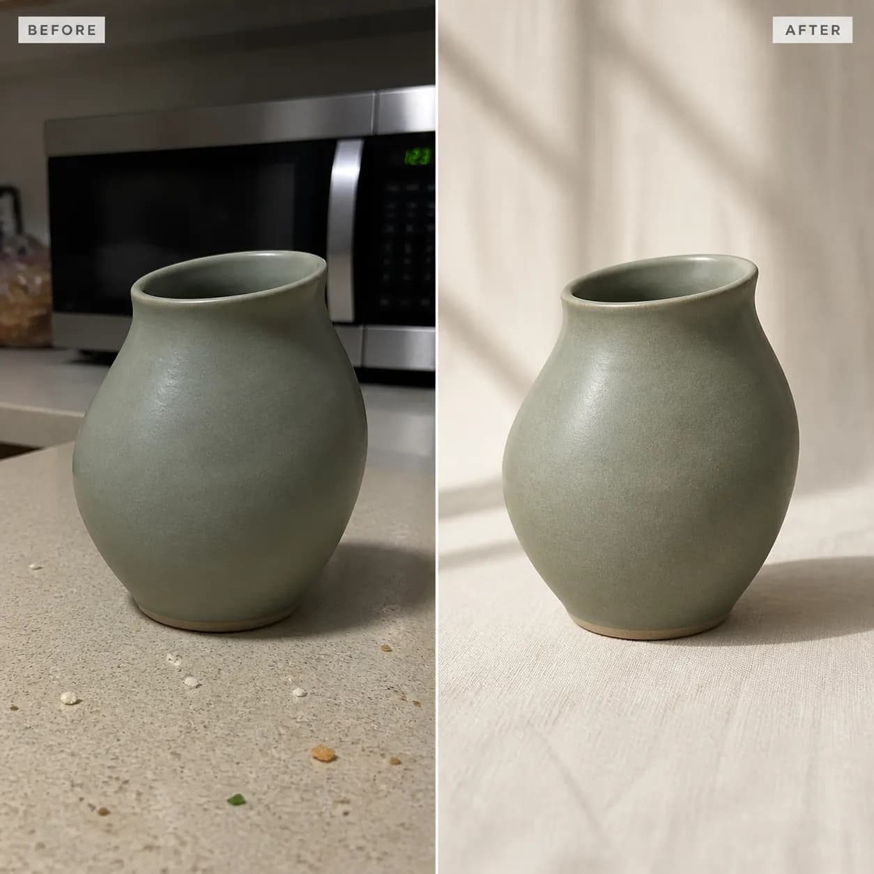 Before-and-after product photography comparison showing background and lighting transformation via GPT Image 2 image-to-image edit