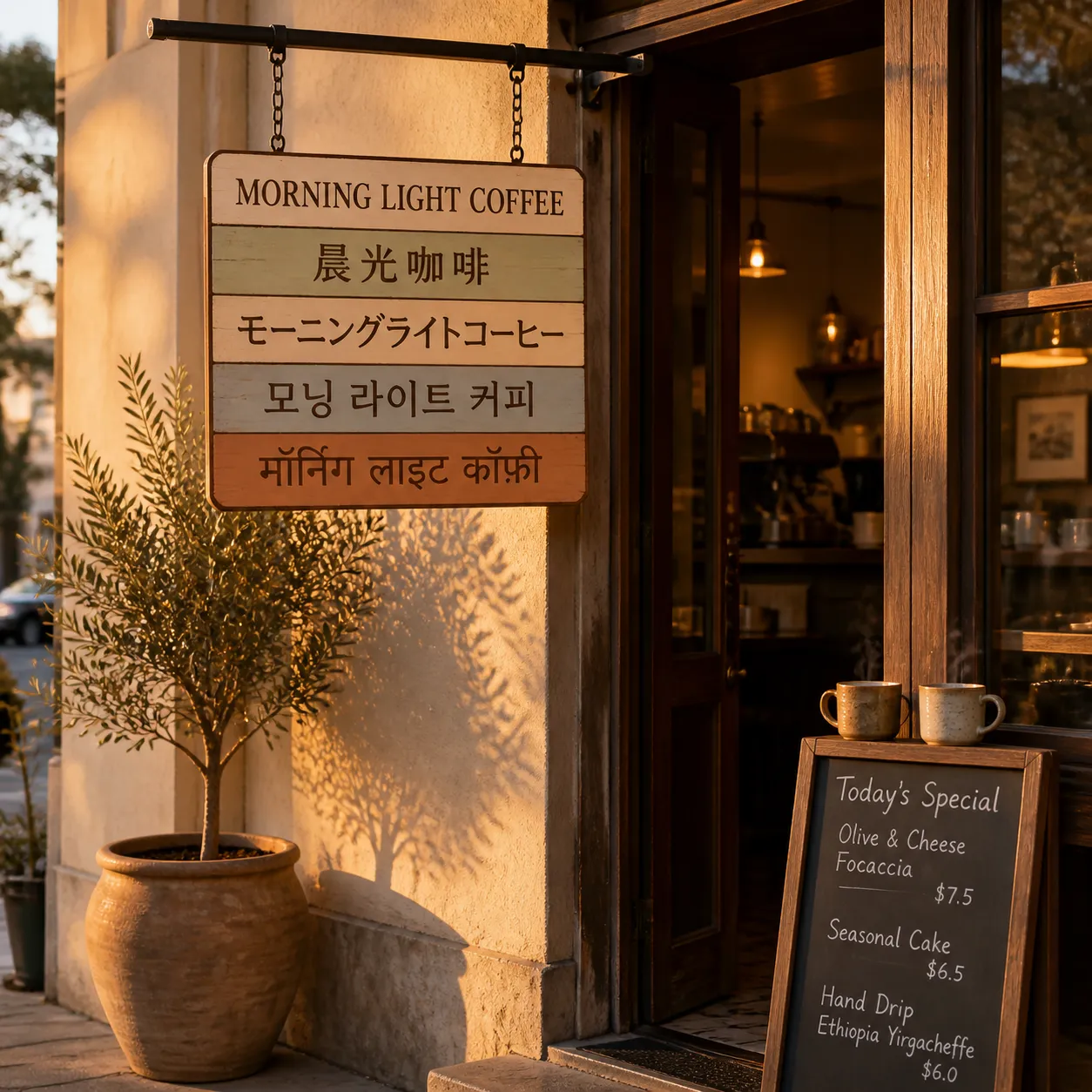 Multilingual storefront sign rendered by GPT Image 2 — English, Chinese, Japanese, Korean, Hindi all crisp at 2K